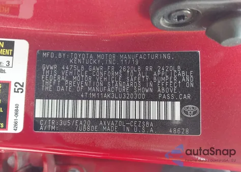 2020 Toyota Camry Se z USA, uszkodzony, nr VIN 4T1M11AK3LU320300